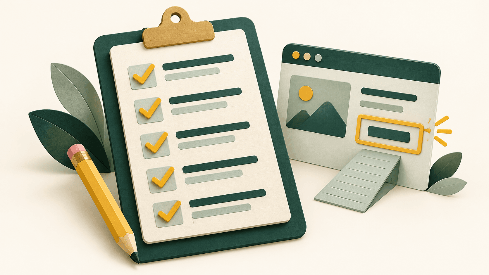 A forest green clipboard with gold checkmarks, a pencil, and an accessible website illustration.
