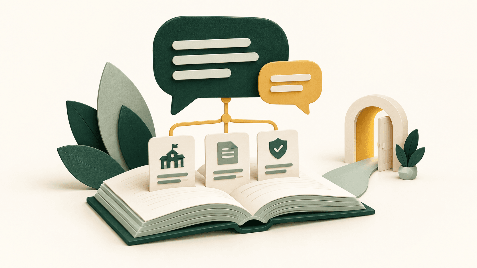 Speech bubbles above an open reference book connect school information with a path to human help.
