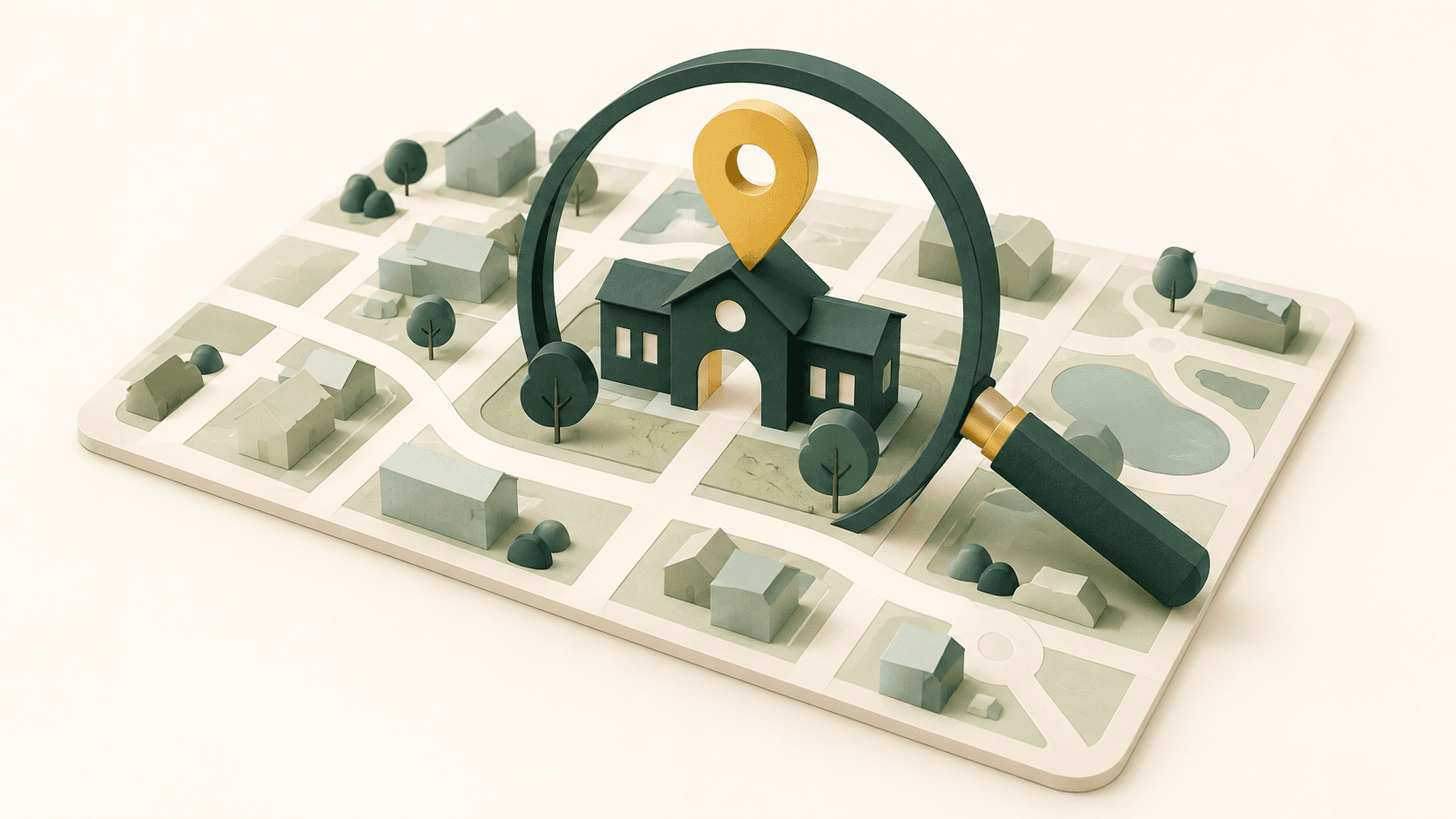 A magnifying glass and gold map pin highlight a school on a miniature neighborhood map.